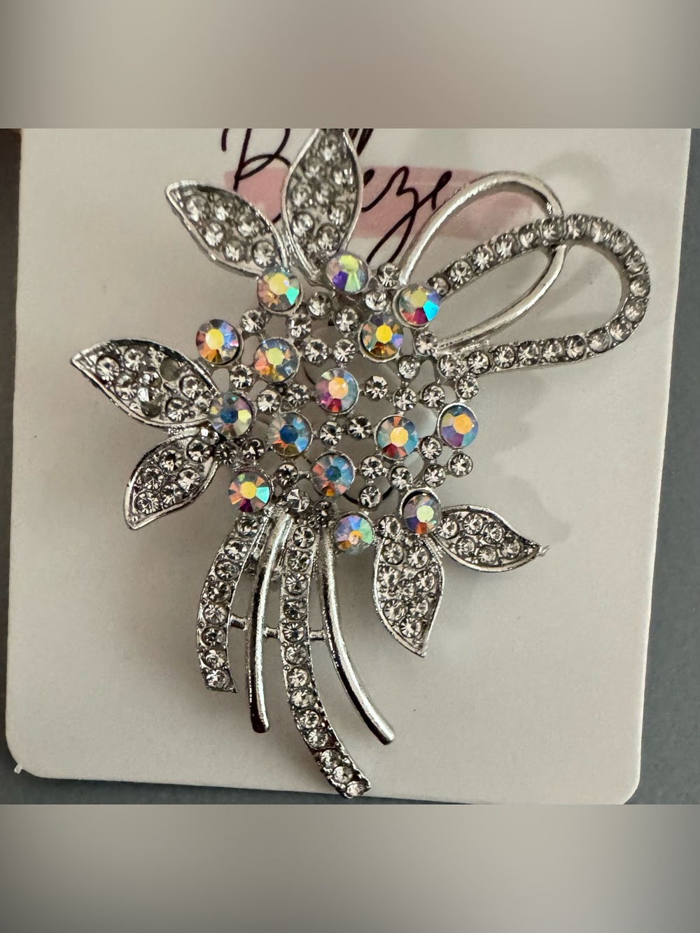 Rhinestone Floral Brooch Pin - Silver with Aurora Crystals iridescent statement